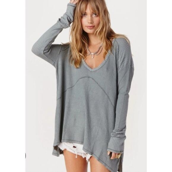 Md Free People Sunset Park Drippy Thermal Top Blue Slouchy Boho Waffle Knit Cozy - Picture 1 of 8